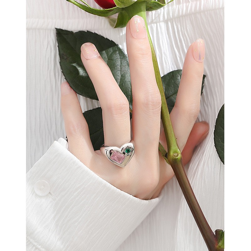Sterling Silver Ring Manufacturer - OEM S925 Geometric Pink Green Zircon Heart