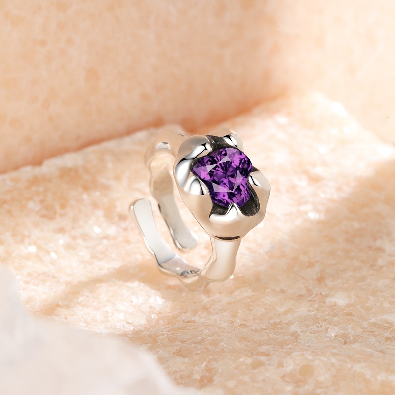 Sterling Silver Ring Manufacturer - OEM S925 Purple Zircon Heart Adjustable