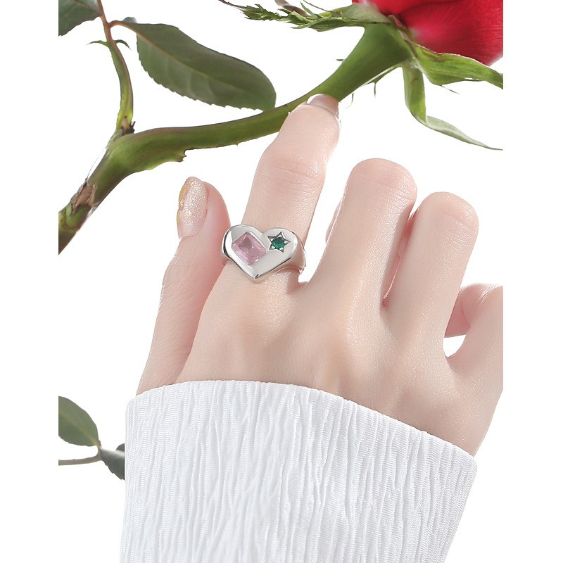 Sterling Silver Ring Manufacturer - OEM S925 Geometric Pink Green Zircon Heart