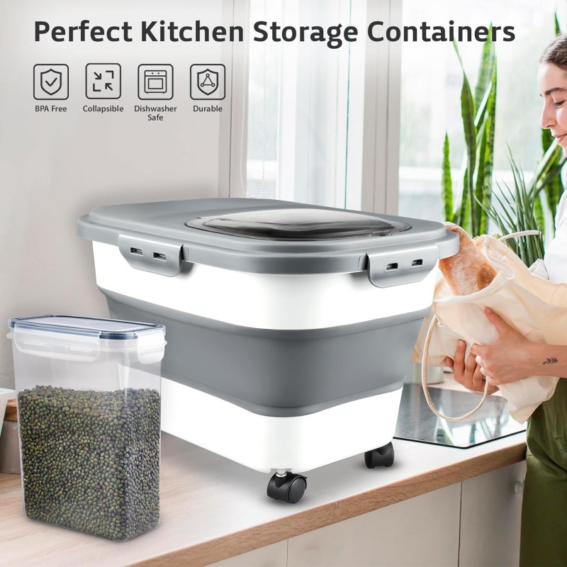 Rice Storage Container Manufacturer - Collapsible 30Lbs Bin with Wheels