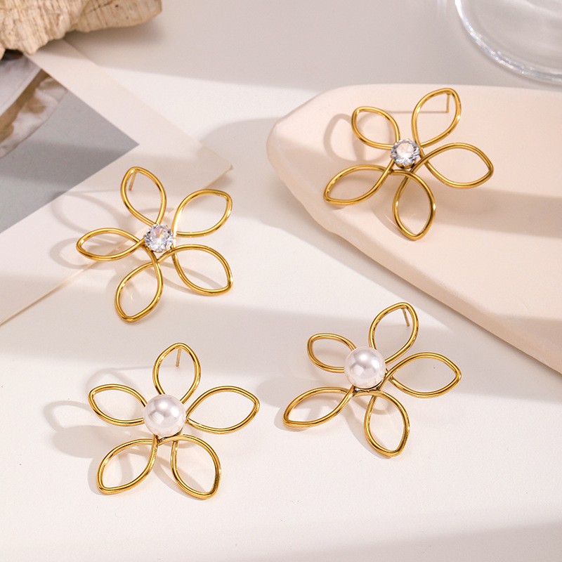Flower Studs Supplier - Pearl Flower Big Stud Earrings