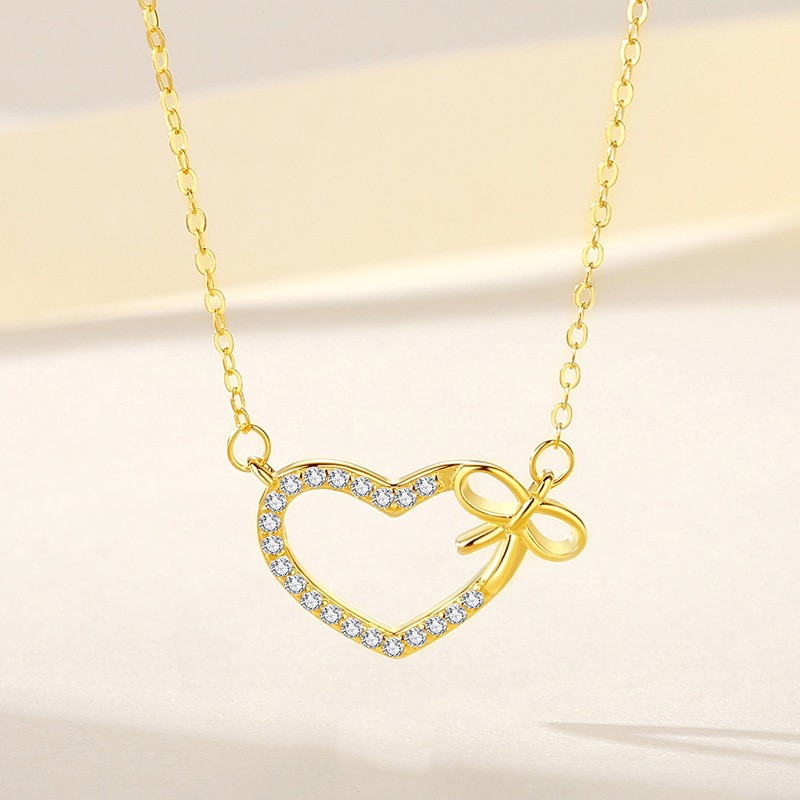925 Sterling Silver Necklace Manufacturer - Zircon Heart Bow Interlocking Luxury Jewelry