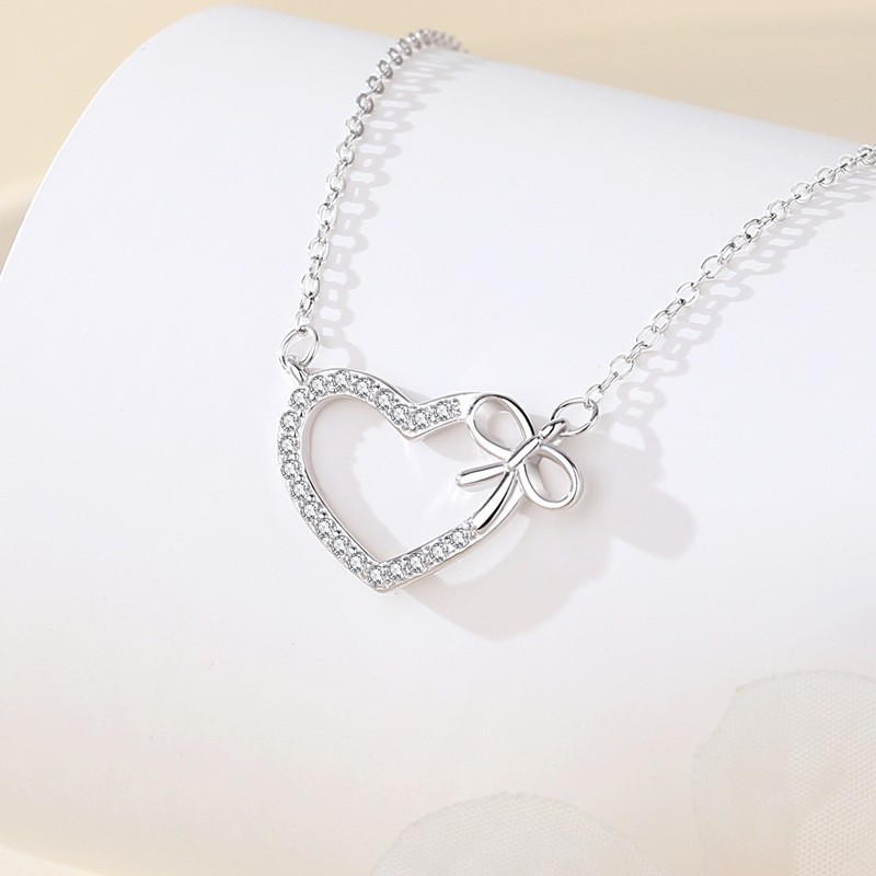 925 Sterling Silver Necklace Manufacturer - Zircon Heart Bow Interlocking Luxury Jewelry
