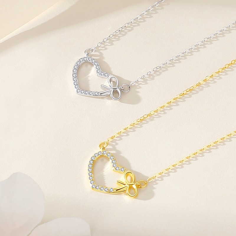 925 Sterling Silver Necklace Manufacturer - Zircon Heart Bow Interlocking Luxury Jewelry