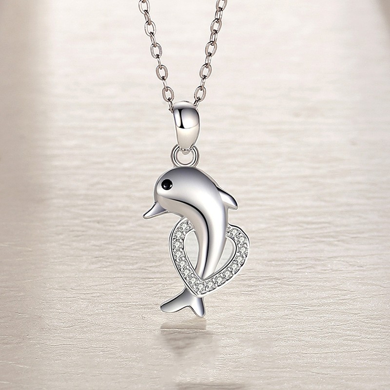 925 Sterling Silver Pendant Necklace Supplier - Korean Zircon Ocean Animal Dolphin Design
