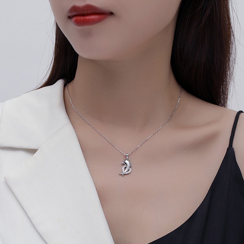 925 Sterling Silver Pendant Necklace Supplier - Korean Zircon Ocean Animal Dolphin Design