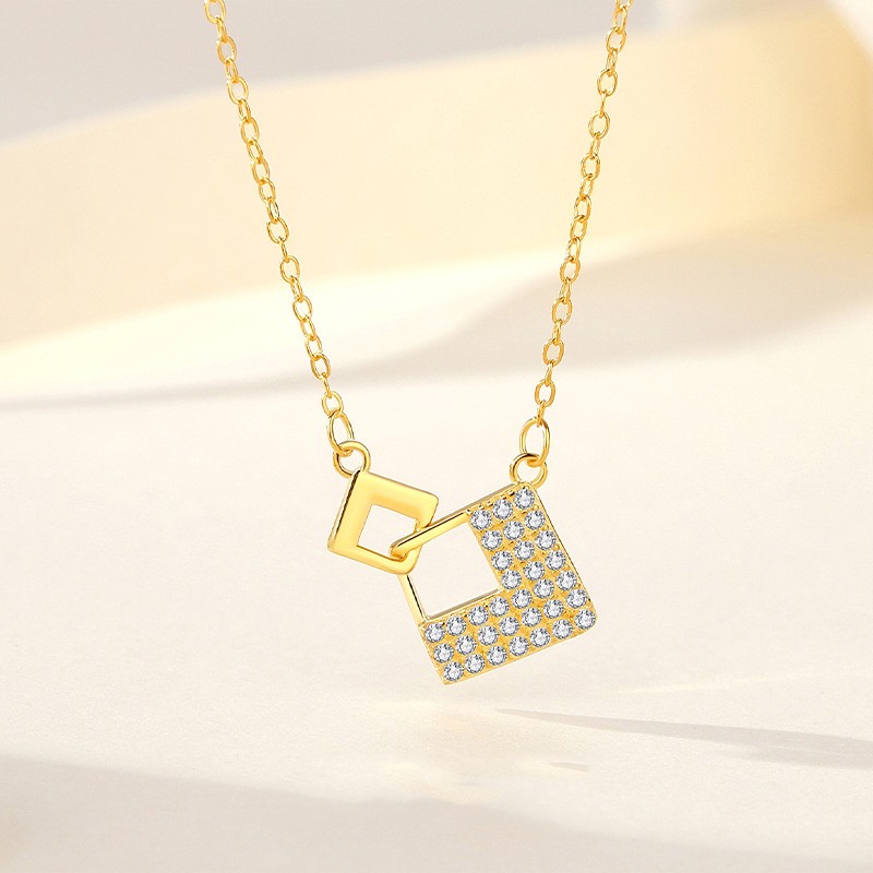 925 Silver Necklace Manufacturer - Versatile Full Zircon Geometric Square Pendant