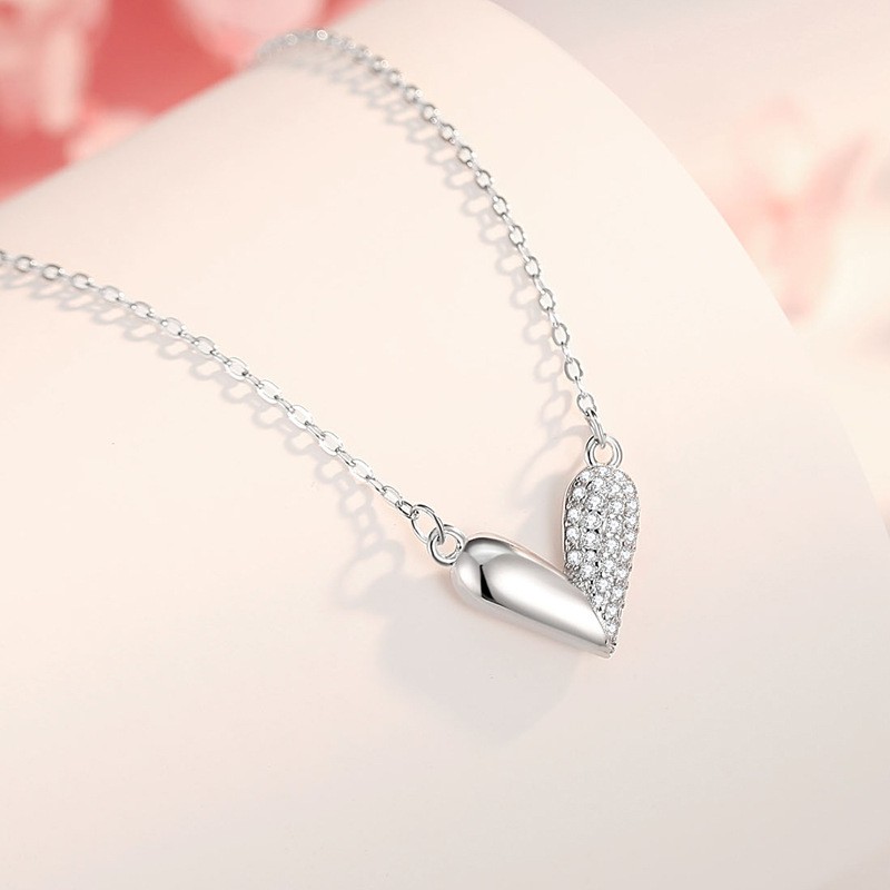 Sterling Silver Necklace Manufacturer - Loving Hearts Asymmetrical Cubic Zircon Heart