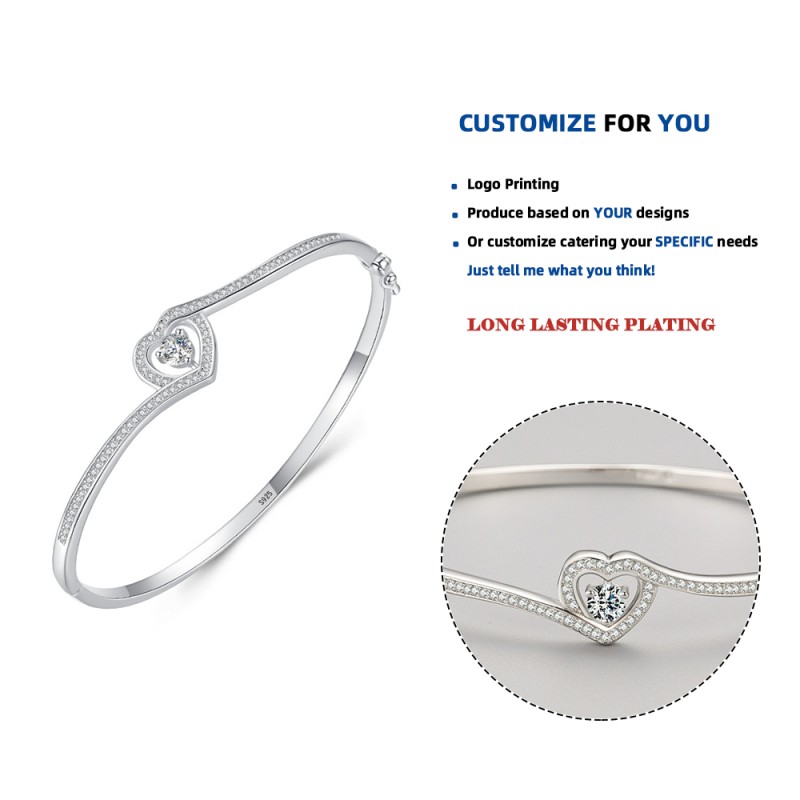 925 Sterling Silver Bracelet Supplier - Micro Inlaid Zircon Heart Charm Jewelry Making