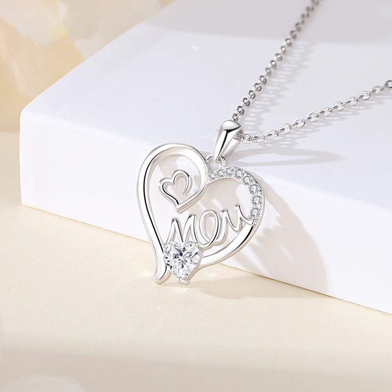 925 Sterling Silver Pendant Necklace Factory - MOM Theme Heart Shape Zircon Main Stone