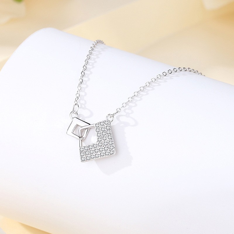 925 Silver Necklace Manufacturer - Versatile Full Zircon Geometric Square Pendant