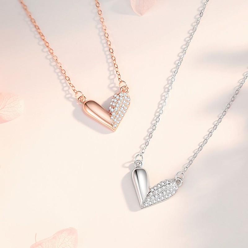 Sterling Silver Necklace Manufacturer - Loving Hearts Asymmetrical Cubic Zircon Heart