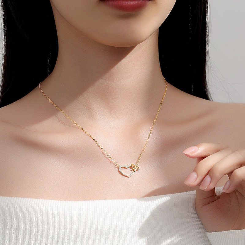 925 Sterling Silver Necklace Manufacturer - Zircon Heart Bow Interlocking Luxury Jewelry