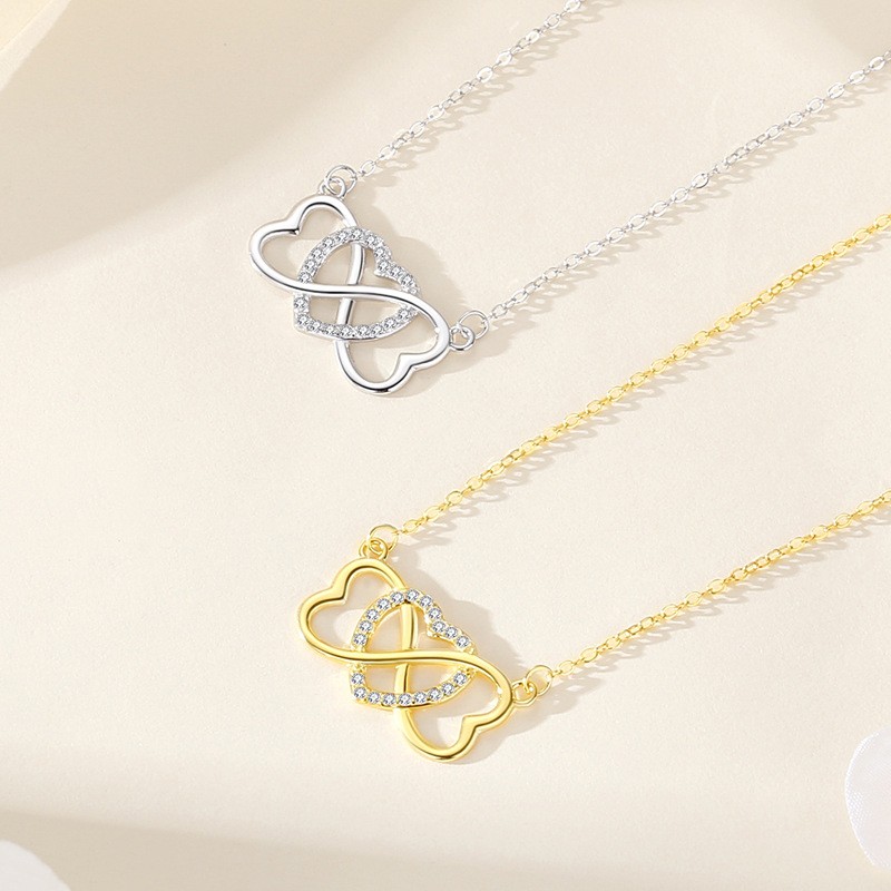 S925 Sterling Silver Necklace Supplier - Digital 8 Heart Shaped Pendant Diamond Set