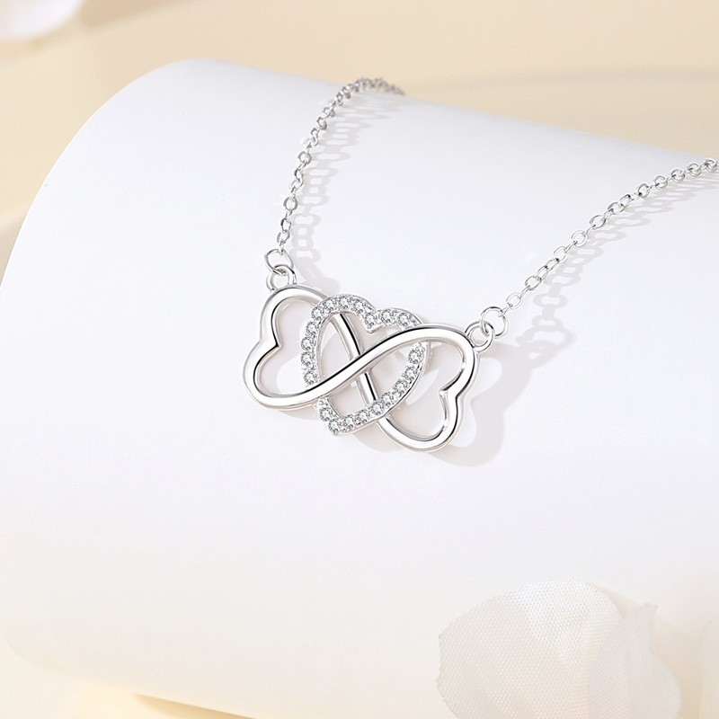 S925 Sterling Silver Necklace Supplier - Digital 8 Heart Shaped Pendant Diamond Set