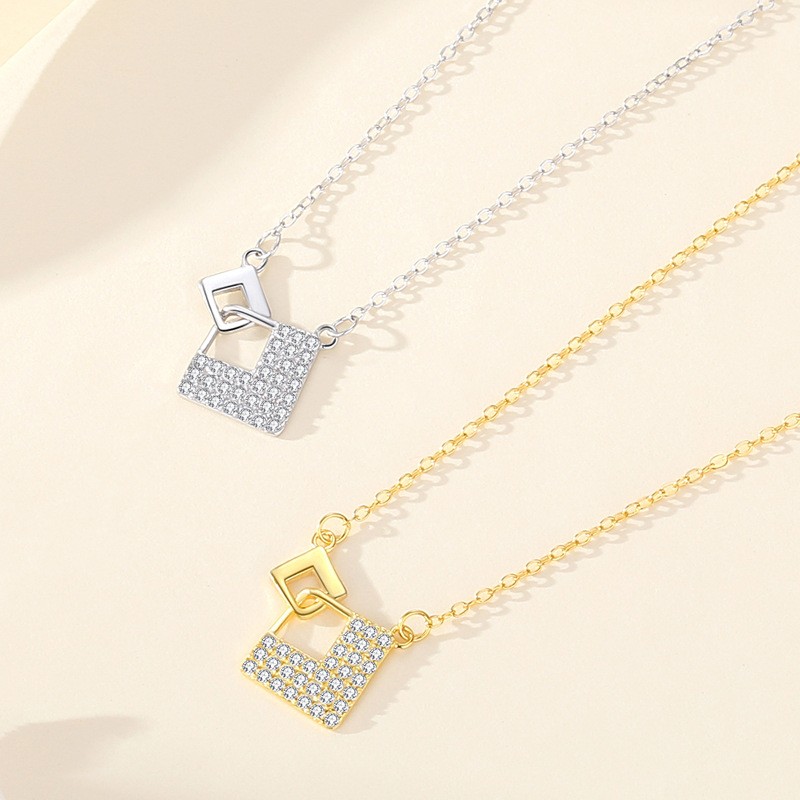 925 Silver Necklace Manufacturer - Versatile Full Zircon Geometric Square Pendant