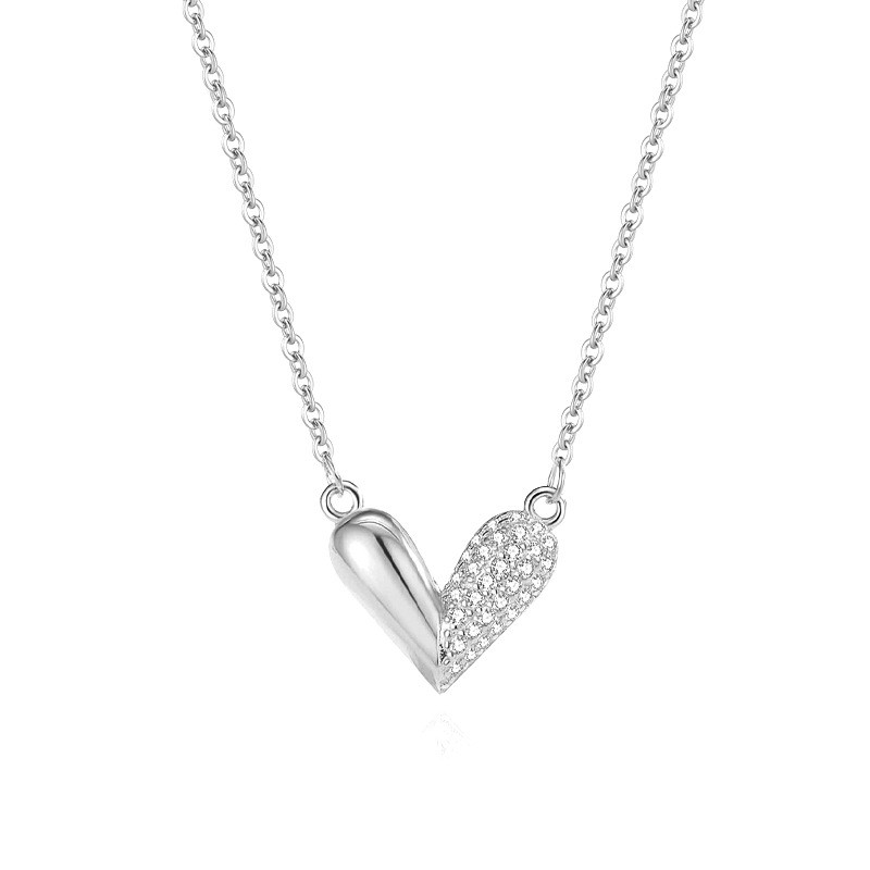 Sterling Silver Necklace Manufacturer - Loving Hearts Asymmetrical Cubic Zircon Heart