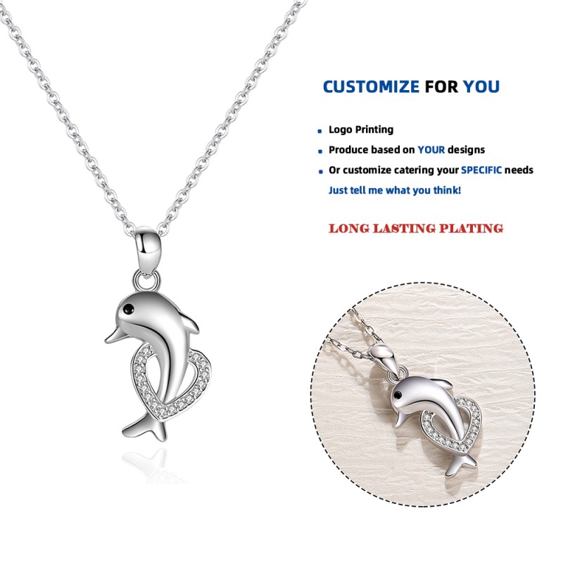 925 Sterling Silver Pendant Necklace Supplier - Korean Zircon Ocean Animal Dolphin Design