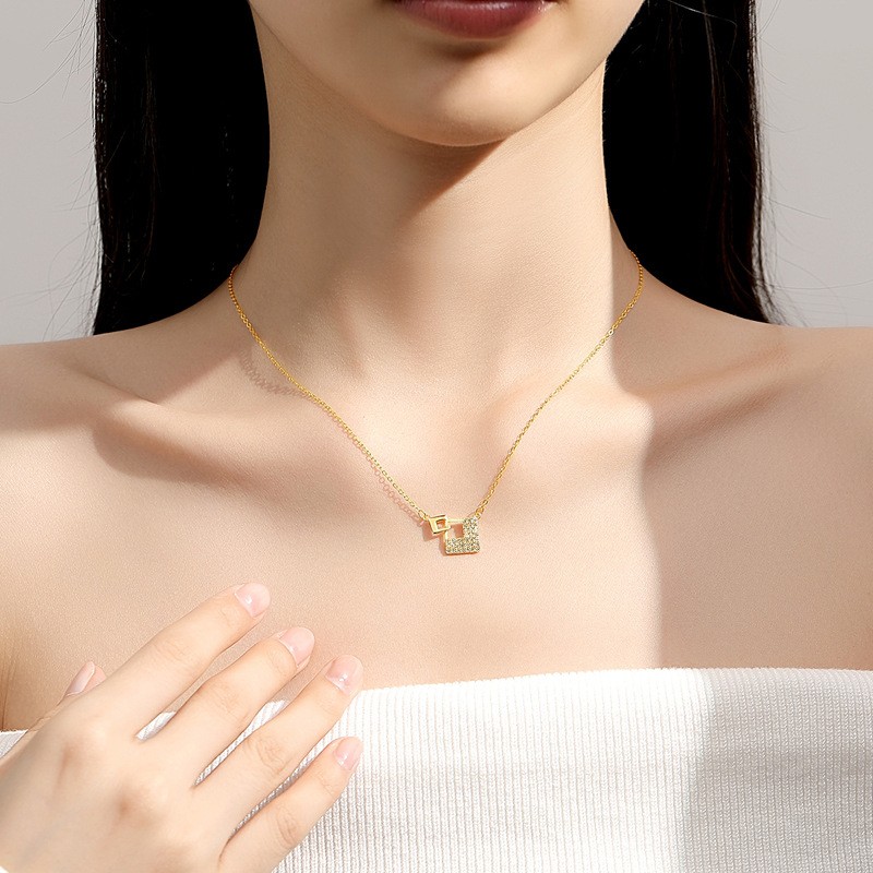 925 Silver Necklace Manufacturer - Versatile Full Zircon Geometric Square Pendant