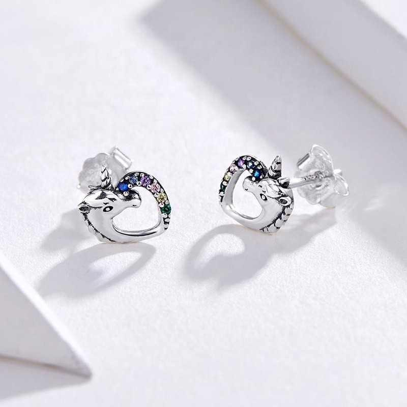 925 Sterling Silver Stud Earrings Manufacturer - Fashion Zircon Dazzling Unicorn Licorne