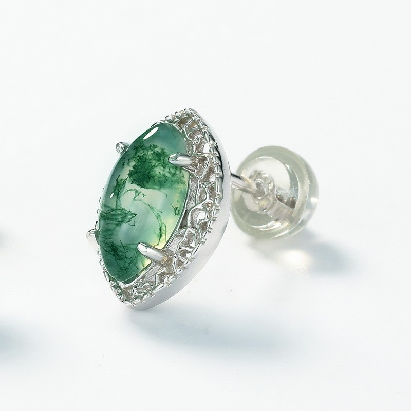 925 Sterling Silver Stud Earrings Supplier - Natural Moss Agate Teardrop Anniversary