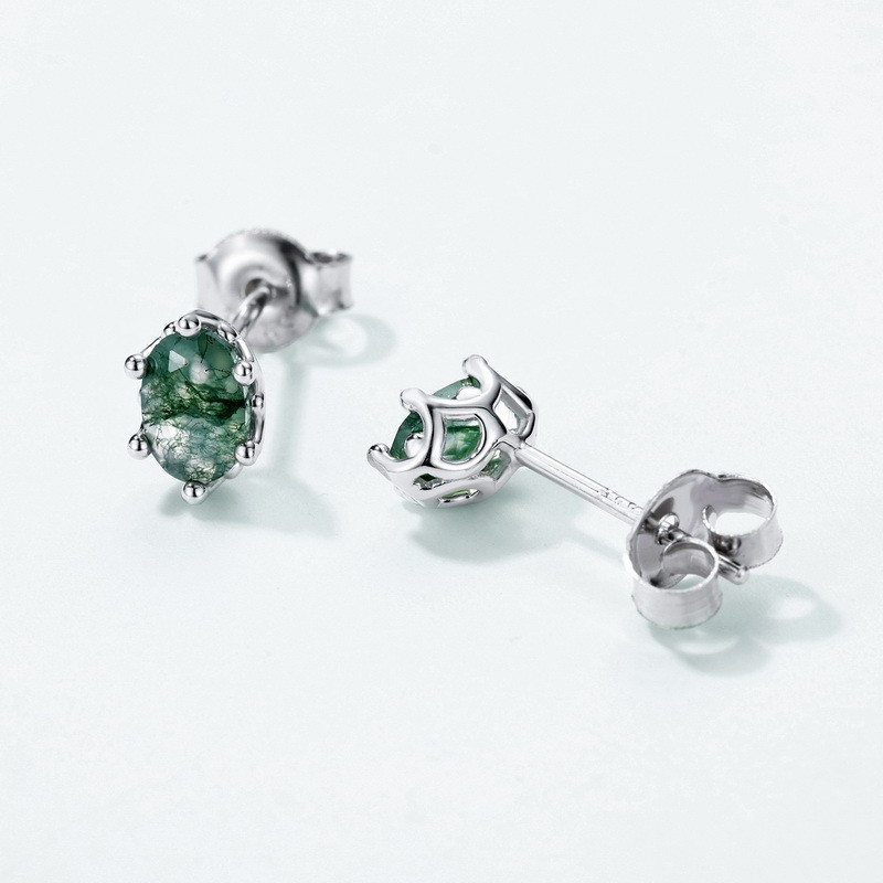 925 Sterling Silver Stud Earrings Supplier - Natural Moss Agate Teardrop Green Gems