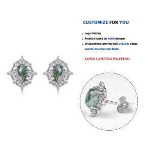 Natural Stone Earrings Factory - Oval Water Grass Agate Vintage Fashion Silver Color