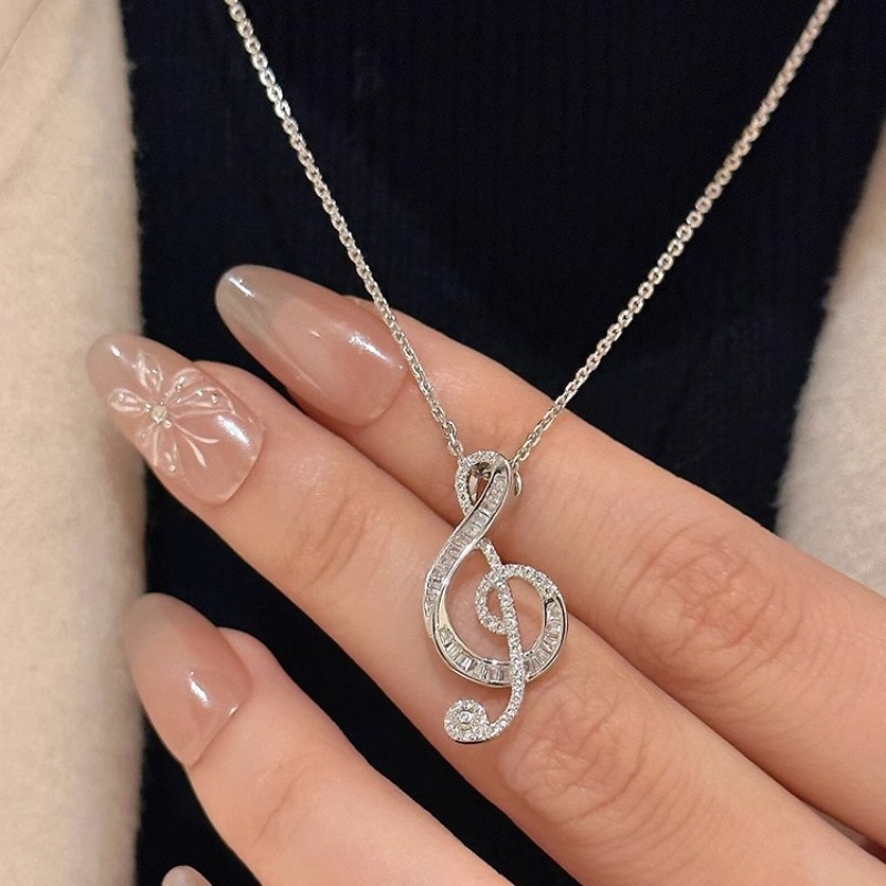 925 Sterling Silver Pendant Necklace Supplier - Zircon Music Note Sweet Elegant Chain