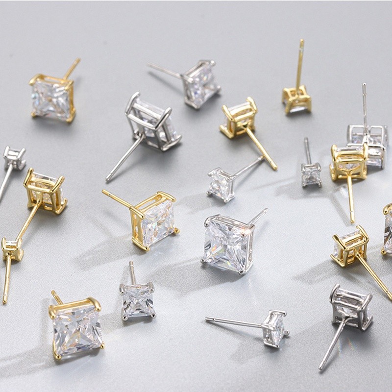 925 Sterling Silver Stud Earrings Factory - Korean Cubic Zircon CZ Square Diamond
