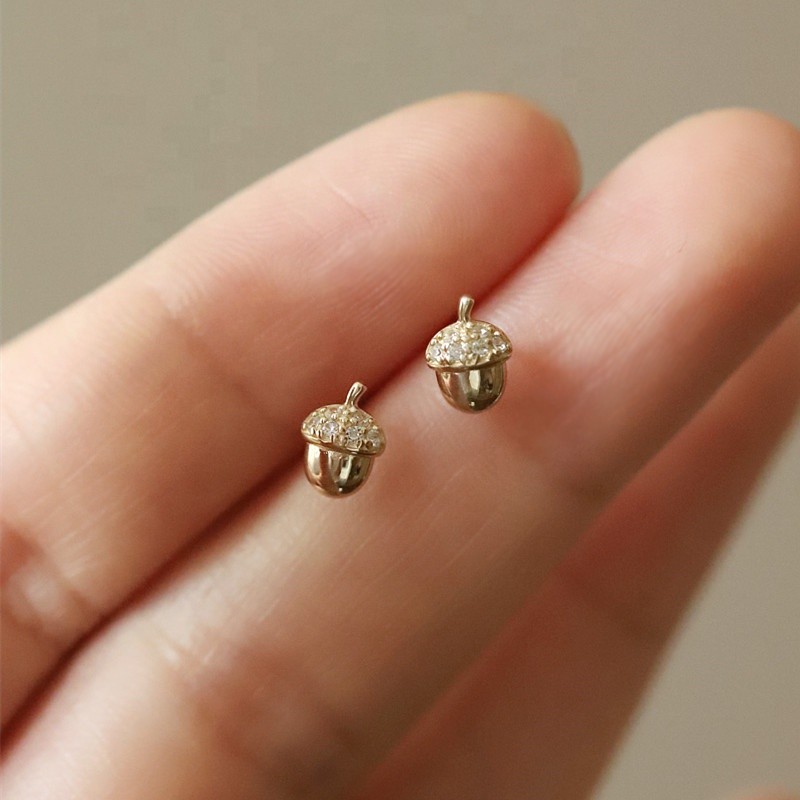 925 Sterling Silver Stud Earrings Factory - Mini Toddler Girls Cute Acorn Screw Back