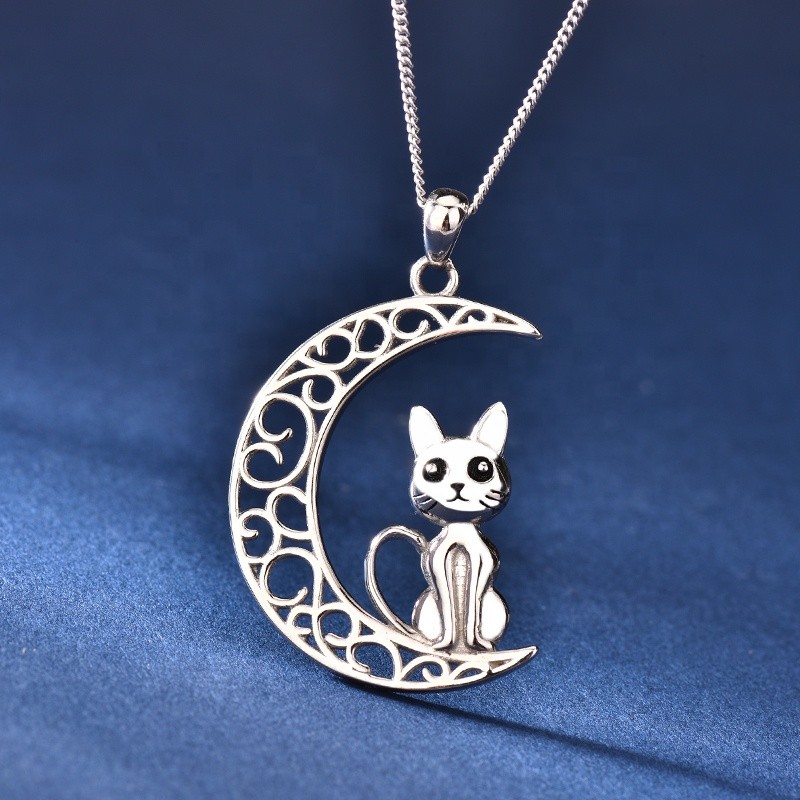 925 Sterling Silver Pendant Manufacturer - Hollow Craft Moon Chain Cat Animal Gift