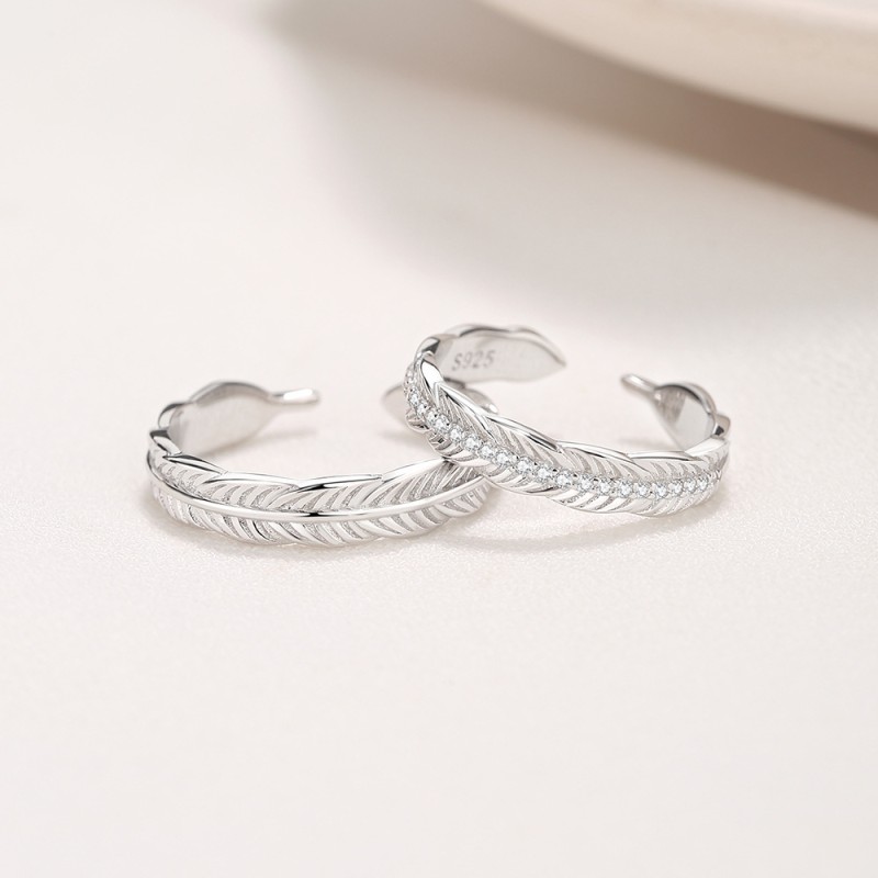 S925 Couple Ring Manufacturer - Feather Student Simple Hipster Opening Adjustable