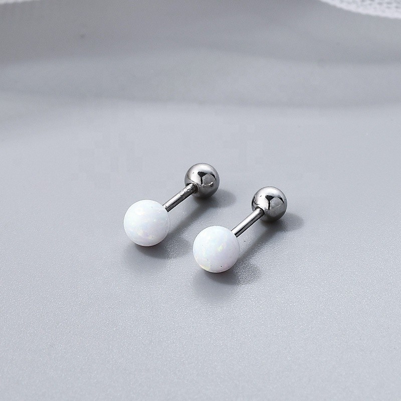 925 Sterling Silver Stud Earrings Supplier - Rhodium Plated Opal Ball Screw Back