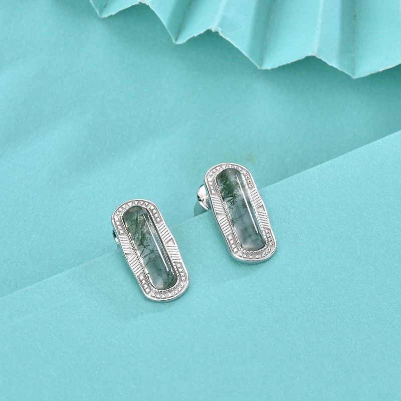 925 Sterling Silver Stud Earrings Factory - Natural Stone Moss Agate Luxury Party