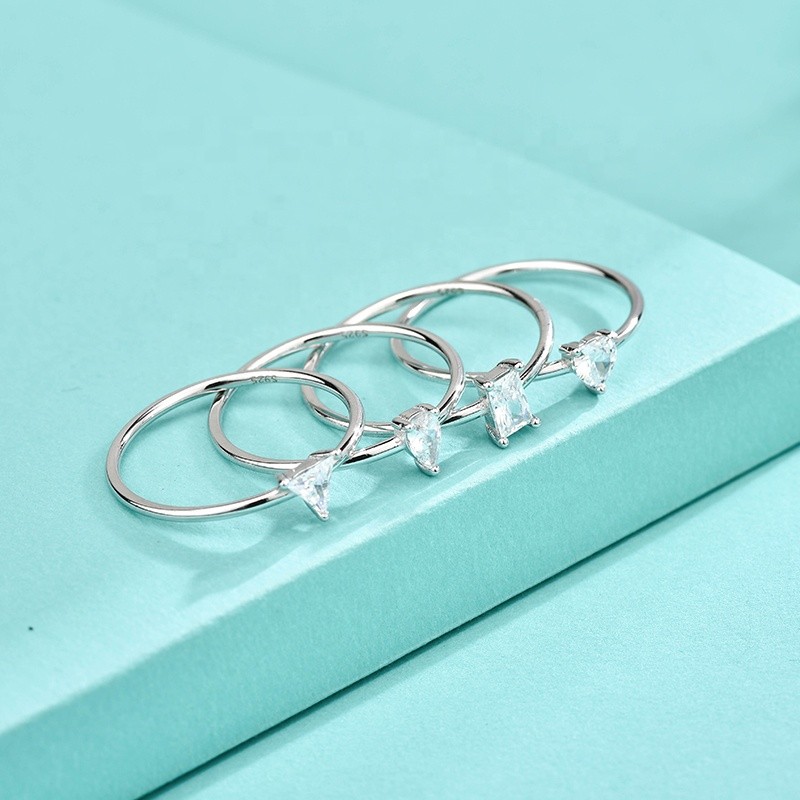 925 Sterling Silver Zirconia Rings Supplier - 4 Styles Wedding Heart Triangle Rectangle