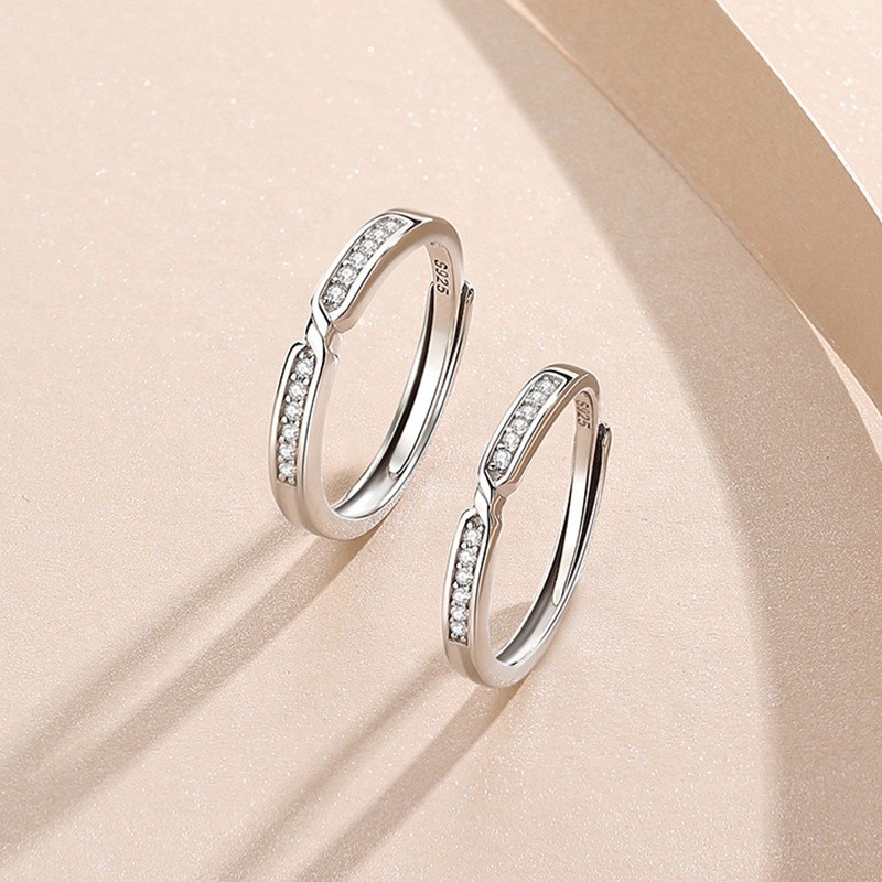 Silver Plated Couple Rings Manufacturer - Zircon Simple Design Adjustable Open Wedding