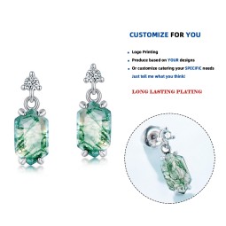 925 Sterling Silver Earrings Supplier - Round Zircon Geometric Rhombus Water Grass Agate