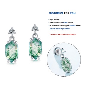 925 Sterling Silver Earrings Supplier - Round Zircon Geometric Rhombus Water Grass Agate