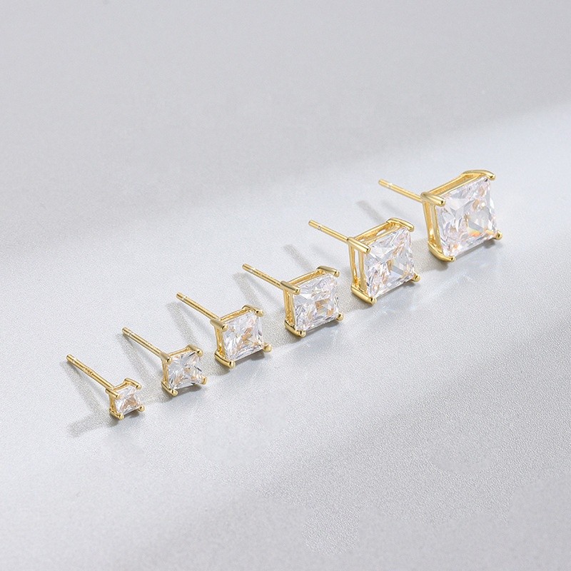 925 Sterling Silver Stud Earrings Factory - Korean Cubic Zircon CZ Square Diamond
