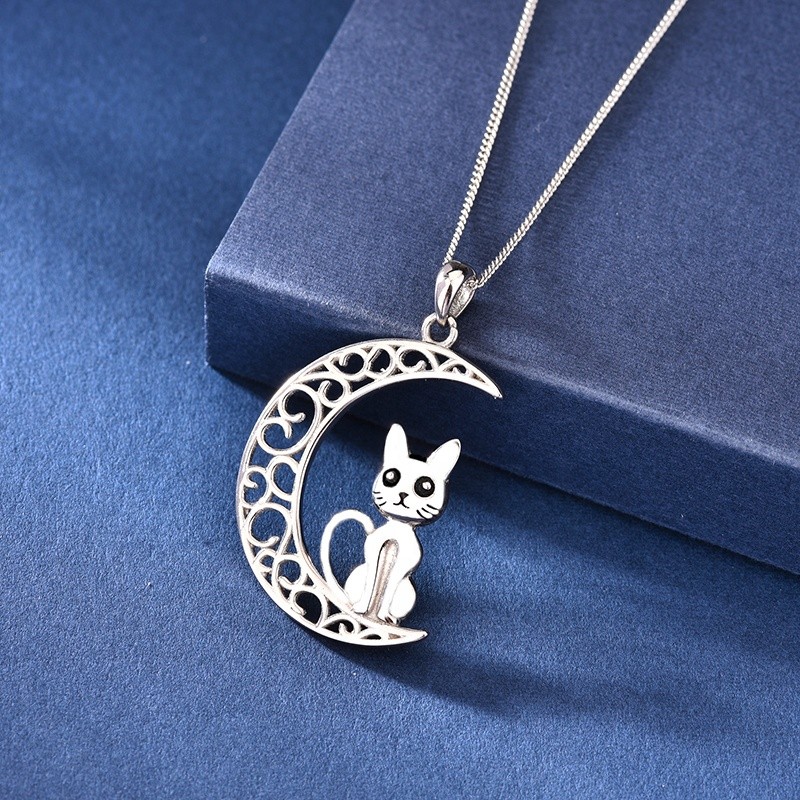 925 Sterling Silver Pendant Manufacturer - Hollow Craft Moon Chain Cat Animal Gift