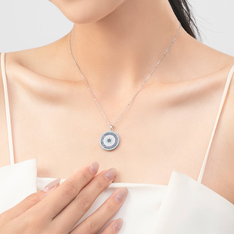 925 Sterling Silver Evil Eye Necklace Supplier - Round Pave Zircon Lucky Fine Jewelry