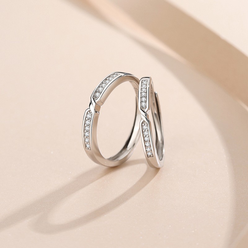 Silver Plated Couple Rings Manufacturer - Zircon Simple Design Adjustable Open Wedding