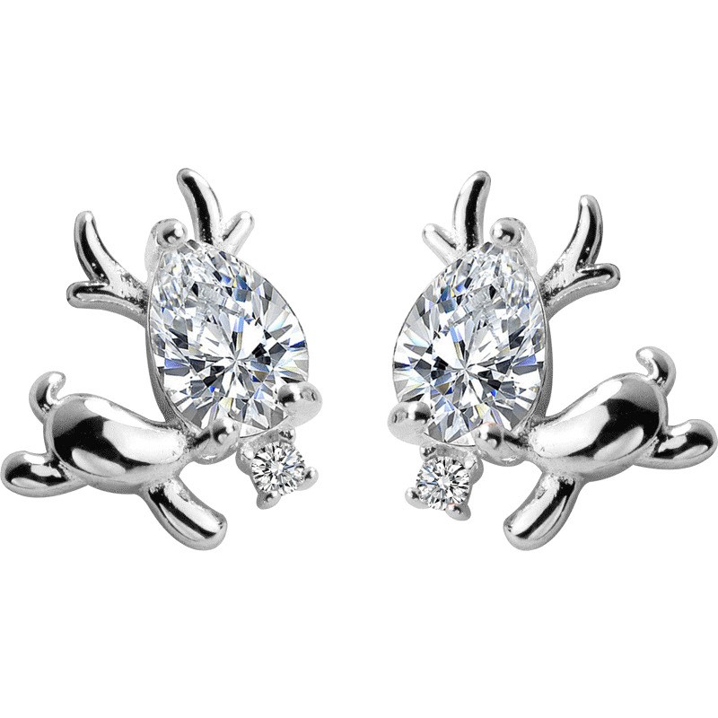 925 Sterling Silver Stud Earrings Factory - Cute Elk Animal Deer Austrian Crystal