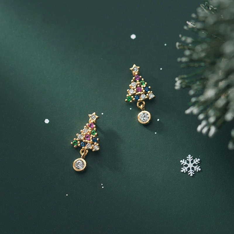 925 Silver Earrings Factory - Christmas Tree Gold Plated Stud Fashion Gift Jewelry