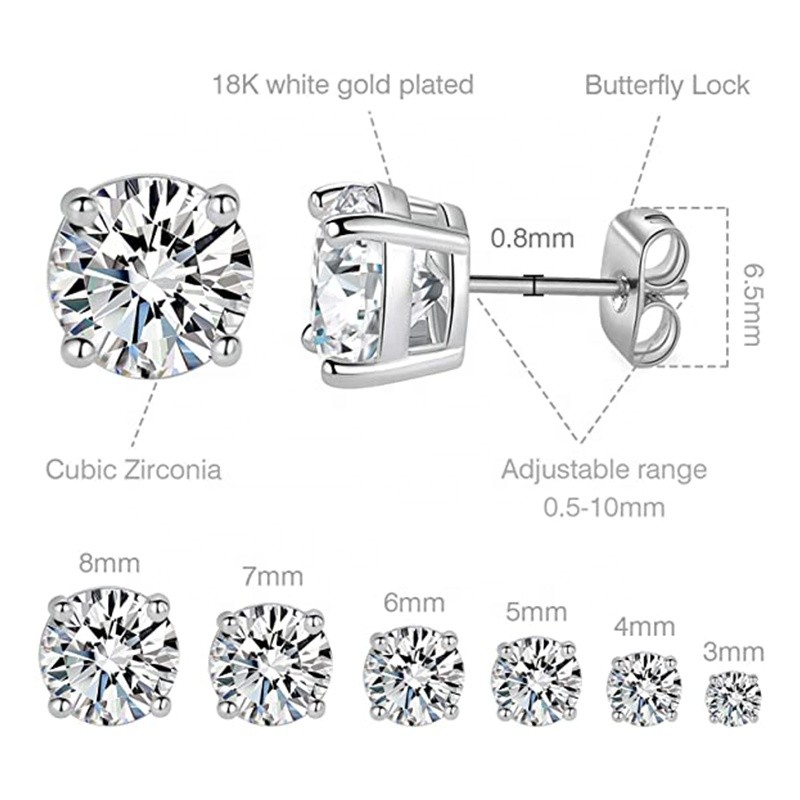 Sterling Silver Stud Earrings Factory - 18K Gold Plated Round Cubic Zirconia Kids