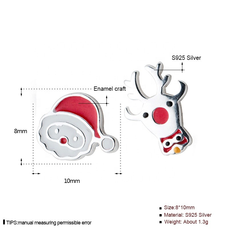 925 Sterling Silver Stud Earrings Factory - Asymmetric Deer Santa Claus Christmas Gift