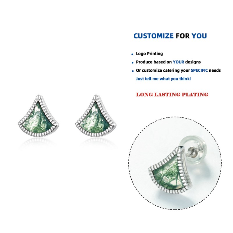 925 Sterling Silver Stud Earrings Factory - Natural Water Grass Moss Agate Fan Geometric