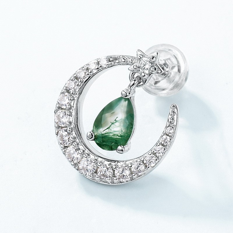 925 Sterling Silver Stud Earrings Supplier - Moon Design Moss Agate White Gold Plated