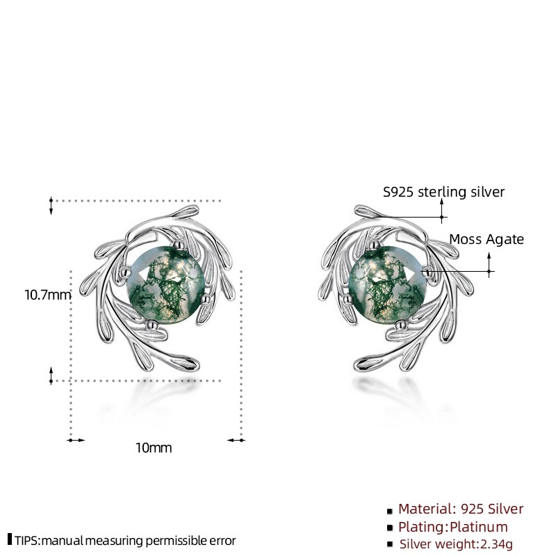 925 Sterling Silver Stud Earrings Manufacturer - Natural Moss Agate Leaf Green Gem