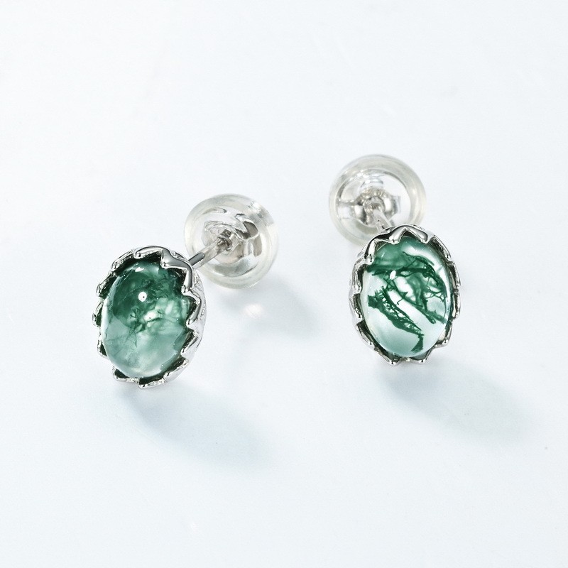 925 Sterling Silver Stud Earrings Manufacturer - Natural Moss Agate Teardrop Green Gems